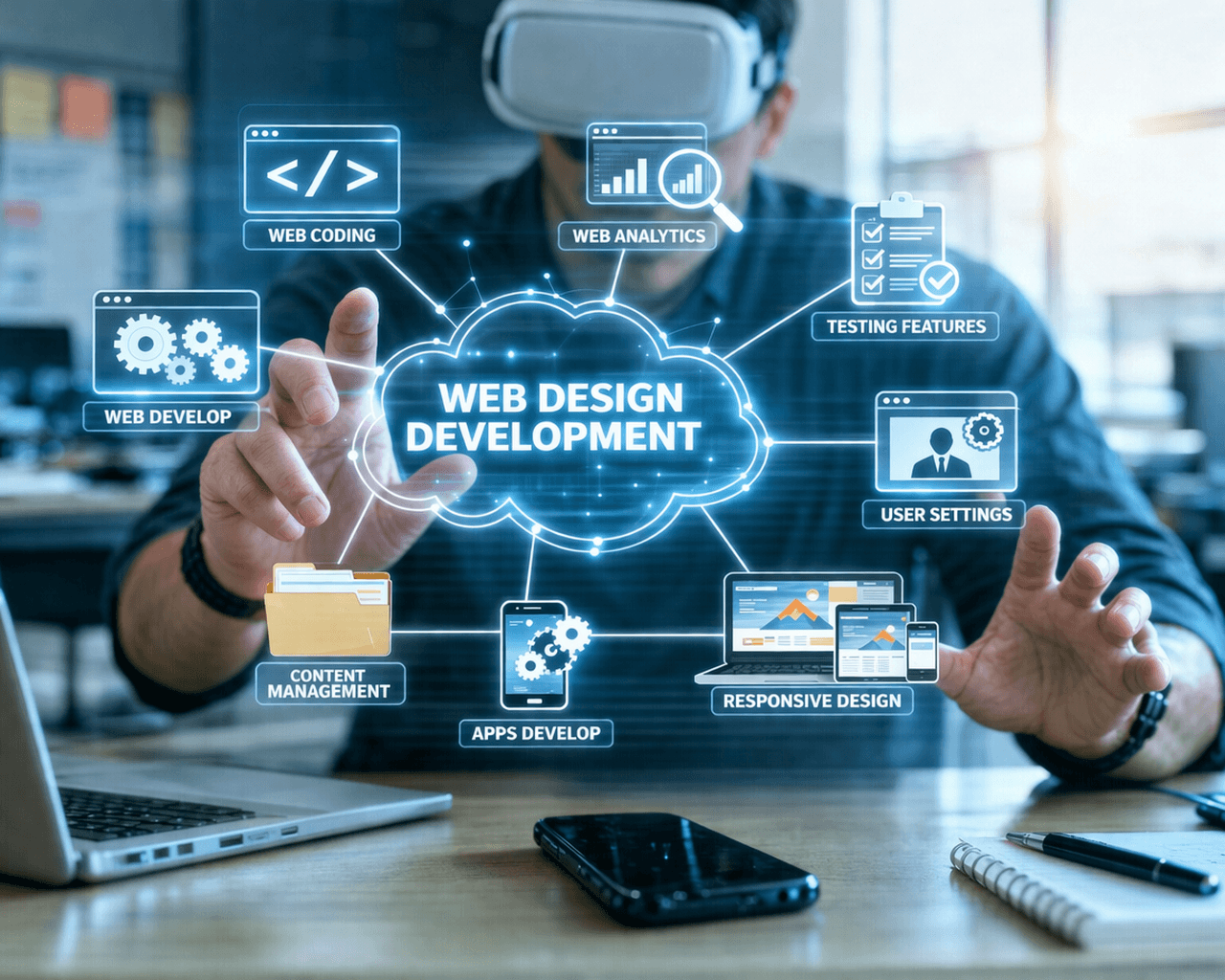 Web design team collaborating around a laptop in a professional office